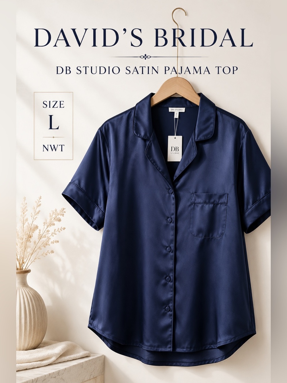 David’s Bridal DB Studio Satin Pajama Sleep Top Navy Blue Size L NWT
